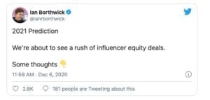 image of tweet predicting influencer equity deals