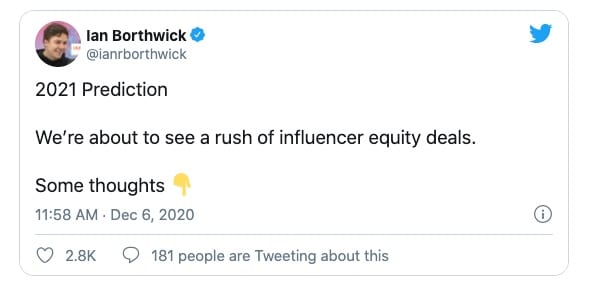 image of tweet predicting influencer equity deals 