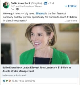 Image of linkedin thought leadership post from Sally Krawcheck