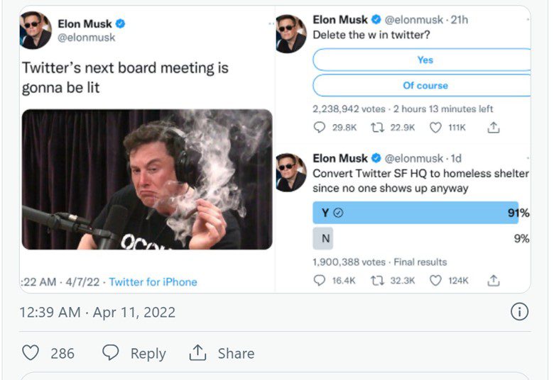 Elon Musk Tweets about twitter board meeting being lit